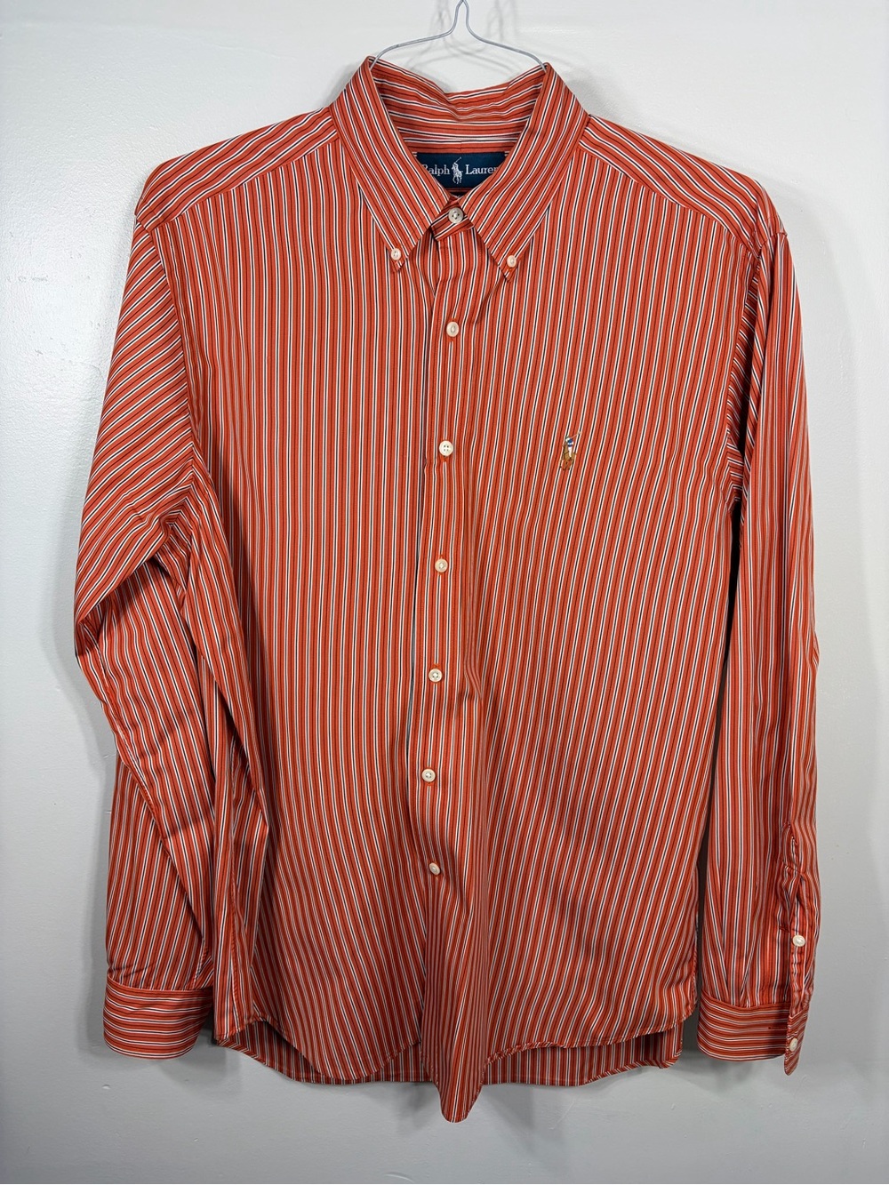 Ralph Lauren Classic Fit Mens Large Orange Stripe Button Down Dress Shirt